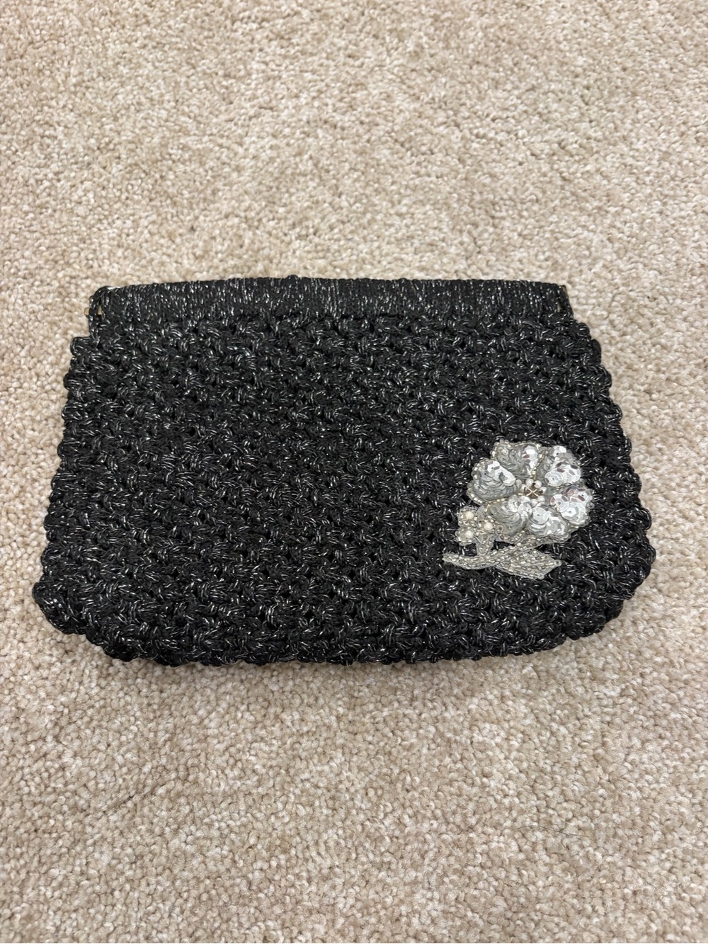 Black Crochet Evening Clutch with Silver Floral Accent